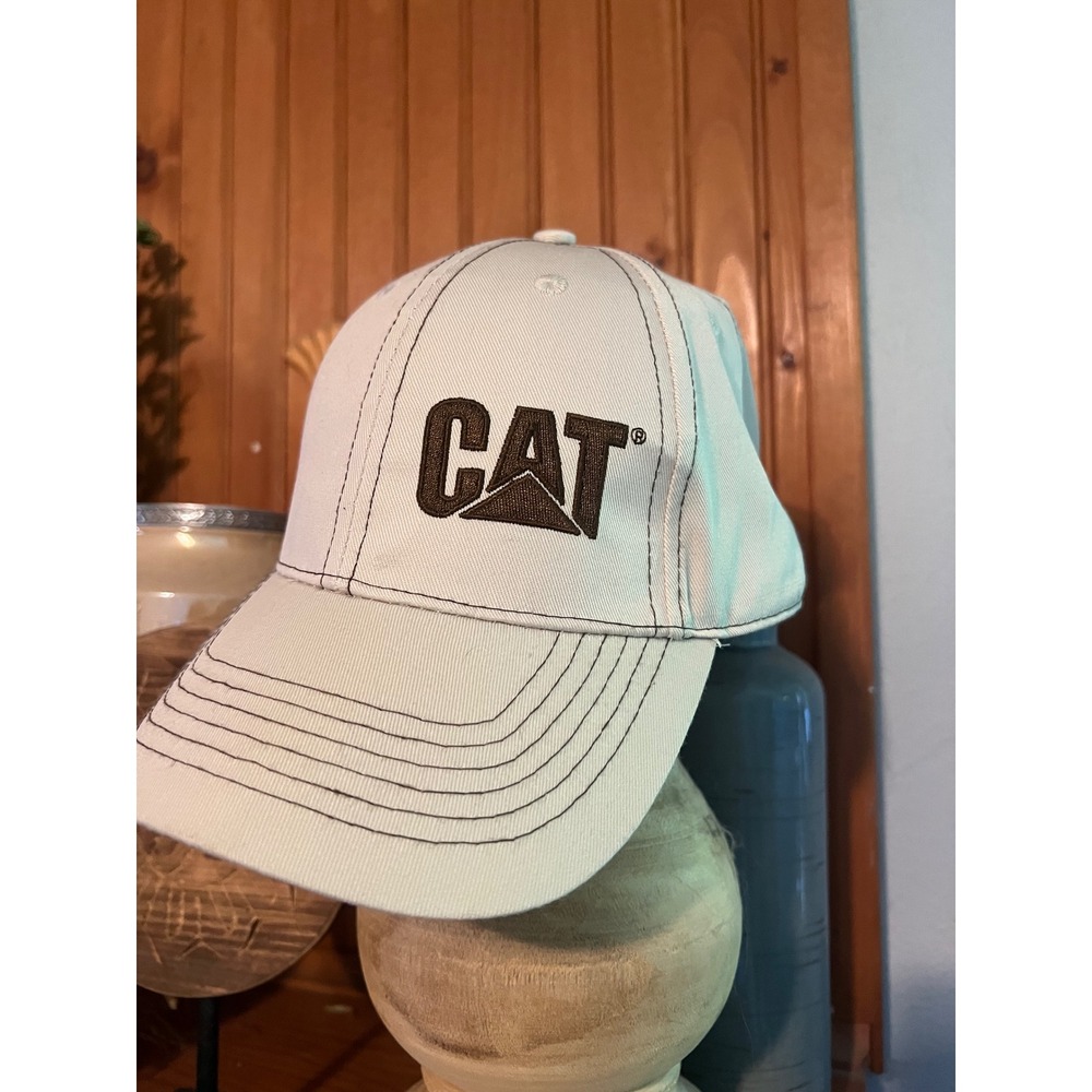 Caterpillar CAT Logo Baseball Cap Cream Brown Contrast Stitch Adjustable Hat
